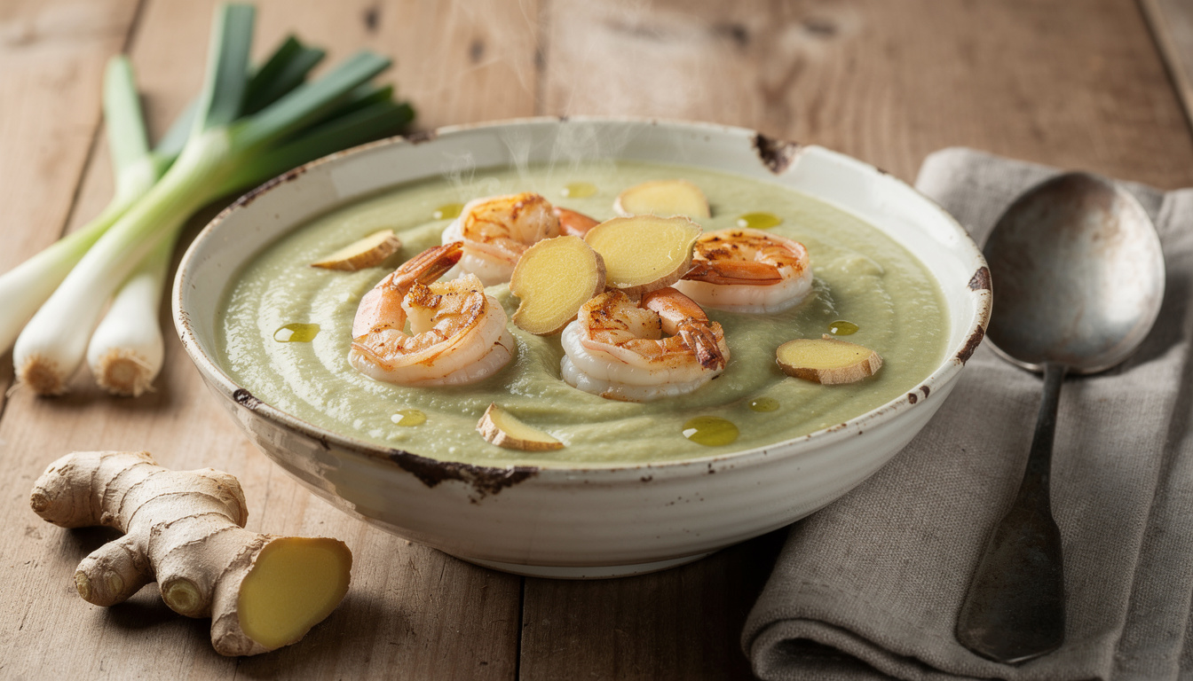 découvrez notre recette facile et savoureuse de velouté de poireaux accompagné de crevettes sautées au gingembre, parfaite pour un repas réconfortant et plein de saveurs.
