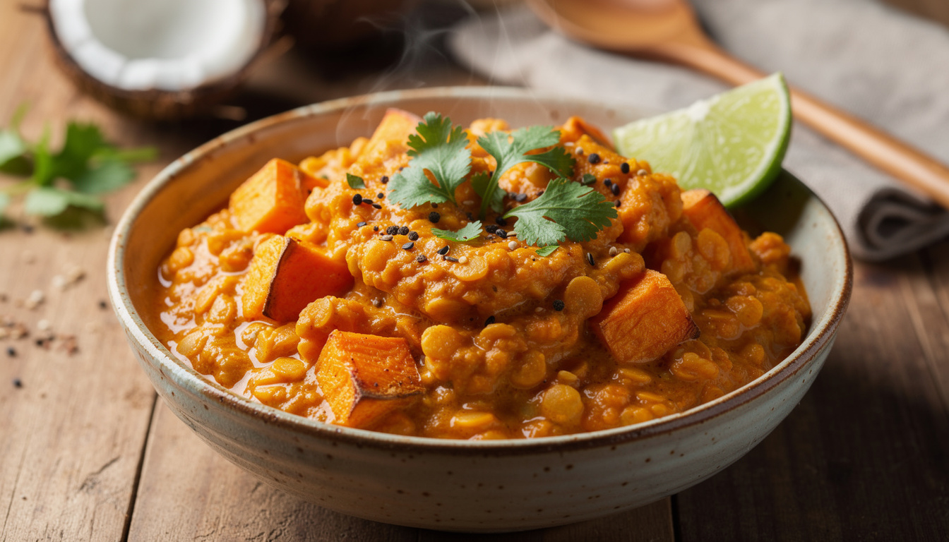découvrez une recette facile et savoureuse de dahl de lentilles corail au lait de coco et patate douce, parfaite pour un repas réconfortant et sain.